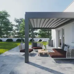 Moderna pergola bioclimatica con arredi da esterno, ideale per creare uno spazio relax. Informati sui permessi necessari per la sua installazione.