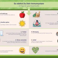 Gesunde Ernährung mit Vitaminen, wie B12, stärkt das Immunsystem. Tipps für starke Abwehrkräfte: Obst, Gemüse, Sonne, Trinken, Bewegung, Schlaf, Lachen, Entspannung, Sauna & frische Luft.