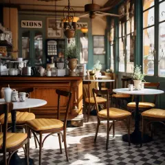 Przytulne bistro z drewnianym blatem, żółtymi krzesłami i stolikami. Słońce wpada przez okna, tworząc ciepłą atmosferę.