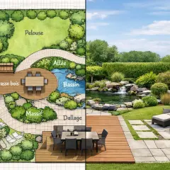 Plan d'un jardin avec un plan d'eau de petite taille, une terrasse en bois, une pelouse et une allée. La partie droite montre le jardin réalisé avec une cascade.