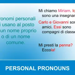 Spiegazione dei pronomi personali in inglese: "I pronomi personali si usano al posto di un nome proprio o comune." Esempi: "Io sono Miriam", "Essi sono amici".