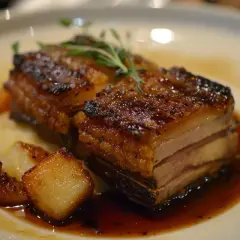 Poitrine de porc croustillante, servie avec des légumes rôtis et une sauce savoureuse. Un délice !