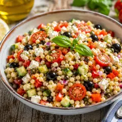 Bunter Salat mit Fregola Sarda, Tomaten, Gurken, Oliven und Feta. Ein köstliches fregola sarda rezept für den Sommer.