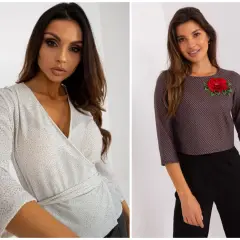 Elegancka bluzka z brokatem w kropki i bluzka z haftowaną różą.