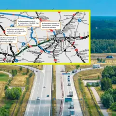 Mapa autostrady A2 z zaznaczonymi odcinkami i miastami, na tle widoku drogi z ruchem samochodowym.