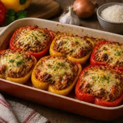 Poivrons farcis au fromage fondant, prêts à être dégustés. Un plat réconfortant et savoureux.