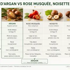 Tableau comparatif des huiles : l'huile d'argan, riche et pénétrante, est idéale pour les peaux sèches à matures.