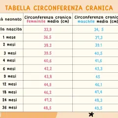 Tabella con la circonferenza testa neonato per età e sesso. Valori medi in cm per maschi e femmine dalla nascita a 36 mesi.
