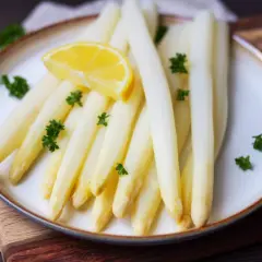 Frischer weißer Spargel, perfekt gekocht, garniert mit Petersilie und einer Zitronenspalte auf einem Teller. Ein Genuss, wenn Spargel Saison hat.