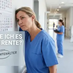 Erschöpfte Krankenschwester fragt sich: "Schaffe ich es bis zur Rente nach 30 Jahren Arbeit?" Kalender und Euro-Symbol deuten auf finanzielle Sorgen hin.