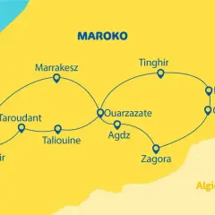 Mapa Maroka z trasą turystyczną: Agadir, Taroudant, Taliouine, Marrakesz, Ouarzazate, Agdz, Zagora, Erfoud, Tinghir, Chebbi. Dwa samoloty wskazują, ile się leci do Maroko.