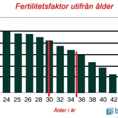 Stapeldiagram visar minskad sannolikhet att bli gravid med stigande ålder. Efter 40 är chansen att bli gravid betydligt lägre.