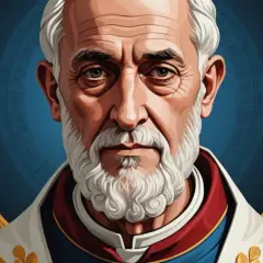 Portret starszego mężczyzny z siwą brodą i włosami, w szatach papieskich, otoczony złotym ornamentem. Wygląda jak pierwszy święty Kościoła katolickiego.