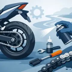 Manutenzione moto: spray lubrificante per la catena, spazzola e chiave inglese pronti per la **tensione catena moto**.