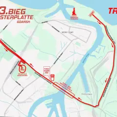 Mapa trasy 63. Biegu Westerplatte w Gdańsku. Trasa biegnie przez tereny portowe, obok Pomnika Obrońców Wybrzeża, przez tunel pod Martwą Wisłą, do mety na Polsat Plus Arena Gdańsk.