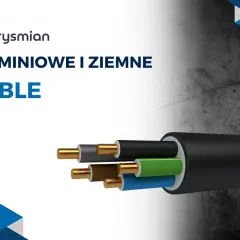 Aluminiowe i ziemne kable Prysmian, z widocznymi żyłami w izolacjach: brązowej, szarej, zielonej i niebieskiej.