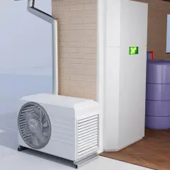 Nowoczesny system grzewczy z jednostką zewnętrzną i wewnętrzną, zbiornikiem wody i wyświetlaczem temperatury 24°C. Czy bojler elektryczny pobiera dużo prądu?