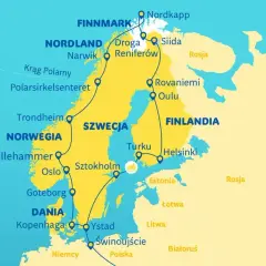 Trasa przez Skandynawię: Norwegia, Szwecja, Finlandia, Dania. Od Nordkapp po Świnoujście, z postojami w **Smalandii** i innych miastach.