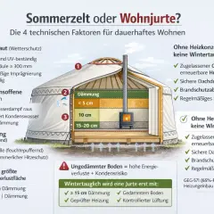 Illustration einer Jurte als Wohnhaus mit detaillierter Darstellung der Dämmung und der vier Faktoren für dauerhaftes Wohnen.