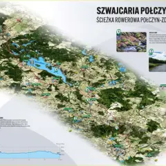 Mapa "Szwajcaria Połczyńska" przedstawia trasę rowerową Połczyn-Zdrój - Złocieniec, z zaznaczonymi atrakcjami i profilami terenu.