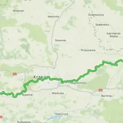Mapa przedstawiająca przebieg wiślanej trasy rowerowej Małopolska od Oświęcimia przez Kraków aż po Szczucin.