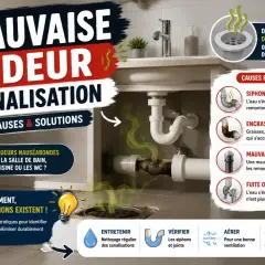 Infographie sur la mauvaise odeur canalisation douche : causes (siphon sec, encrassement) et solutions (entretien, ventilation).