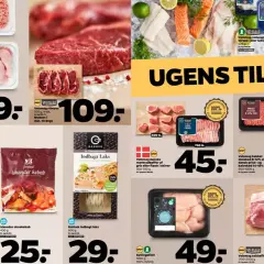 Zdjęcia różnych produktów mięsnych i rybnych z cenami.