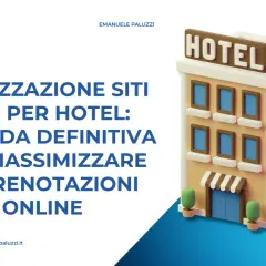 Guida alla realizzazione di siti web per hotel, per massimizzare le prenotazioni online. Logo EP e un hotel stilizzato.