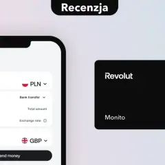 Aplikacja Revolut pokazuje przelew 1000 zł na funty. Obok czarna karta Revolut z logo Monito.
