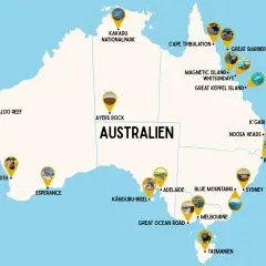 Karte mit Australien-Highlights: Kakadu NP, Great Barrier Reef, Ayers Rock, Ningaloo Reef, Sydney, Melbourne, Tasmanien.