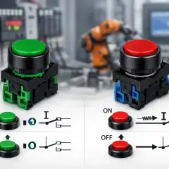 Zielony przycisk monostabilny i czerwony bistabilny. Różnice w działaniu i schematy elektryczne.