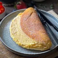 Puszysty omlet jajeczny, lekko przyprószony cukrem pudrem, czeka na talerzu obok czarnych sztućców. W tle widać miseczkę z truskawkami.