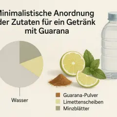 Minimalistische Zutaten für ein Guarana-Getränk: Wasser, Guarana-Pulver, Limette, Minze. Guarana wirkt belebend auf die Psyche.