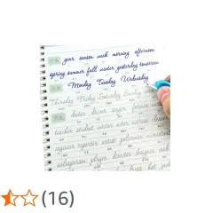 Cuaderno de caligrafía inglesa con palabras como "year", "season", "week", "morning", "afternoon", "spring", "summer", "fall", "winter", "yesterday", "tomorrow", días de la semana y profesiones.