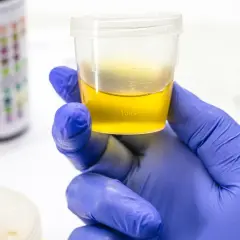 Ręka w niebieskiej rękawiczce trzyma pojemnik z żółtym płynem, prawdopodobnie badanie na obecność kwasu askorbinowego w moczu.