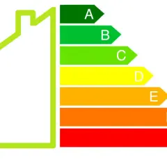 Zielony zarys domu obok skali od A do G, ilustrującej charakterystykę energetyczną budynku.