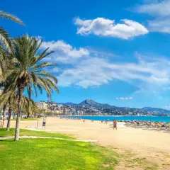 Słoneczne **Malaga plaże** z palmami, piaskiem i turkusowym morzem. W tle miasto i góry.