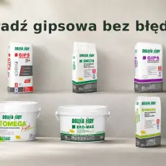 Sześć opakowań gładzi gipsowej Dolina Nidy: GIPS S+, Delta, GIPS Śnieżnobiały, Omega Finish, EKO-MAS i Omega.