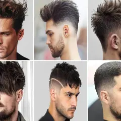 Seis hombres con cortes de pelo modernos, incluyendo un degradado hombre con líneas definidas y estilos texturizados.