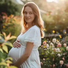 Kobieta w białej sukience, w 7 miesiącu ciąży, trzymająca się za brzuch, w otoczeniu kwitnących kwiatów i zieleni.
