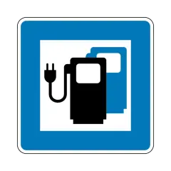 Blaues Schild mit weißem Rahmen. Darin zwei Zapfsäulen-Symbole, eins schwarz mit Stecker, eins blau. Bedeutung: Ladestation für Elektroautos.
