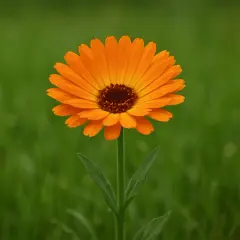 Un fiore arancione brillante, una calendula selvatica come riconoscerla, spicca su uno sfondo verde sfocato.