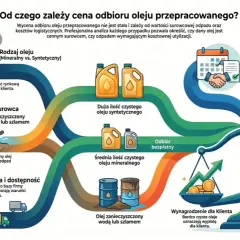 Ilustracja przedstawia diagram czynników wpływających na cenę odbioru oleju przepracowanego, m.in. rodzaj oleju, czystość, ilość, lokalizację i umowę.