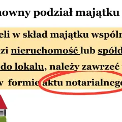 Umowny podział majątku po rozwodzie, gdy wchodzi nieruchomość, wymaga aktu notarialnego. Adwokat Marta Wnuk.