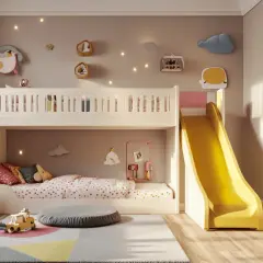 Ein Kinderzimmer mit Hochbett, Rutsche und Spielzeug. Perfekt, um ein Zimmer mit Hochbett einzurichten und Spaß zu haben.
