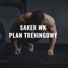 Saker WK - Twój plan treningowy na siłownię. Sylwetka mięśniaka w pozycji do ćwiczeń, obok talerz 10 kg.