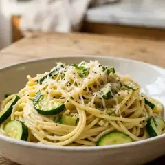 Un plat de spaghetti de courgette, garni de fromage râpé et d'herbes fraîches, servi dans un bol sur une table en bois.