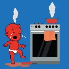 Ein weinendes Baby mit Dampf auf dem Kopf steht neben einem Herd. Ein roter Topf dampft. Dies ist eine Darstellung einer schweren Verbrennung 4. Grades.