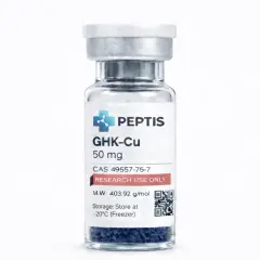 Szklana fiolka z granulkami peptyd miedzi GHK-Cu, 50 mg. Przeznaczony do badań.