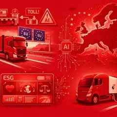 Ciężarówka na autostradzie, znak zakazu wyprzedzania dla ciężarówek, mapa Europy z AI, ładowanie elektrycznego pojazdu i wskaźniki ESG.